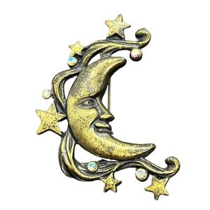 Celestial Crescent Moon Stars Aurora Borealis AB Rhinestones Brooch Pin DD